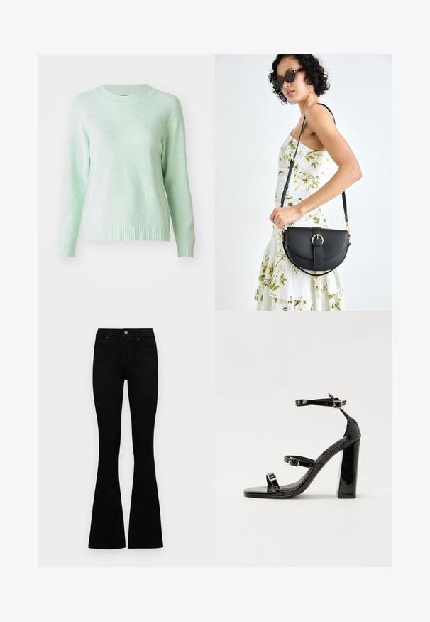 Lichtgroene, lange mouwen trui met een ronde hals. Zachte textuur met geribbelde manchetten en zoom. Eenvoudig ontwerp, zonder patronen of versieringen.; Zwarte hoge taille jeans met een knoop- en ritssluiting, voorzakken en een flared pijp, plat gelegd op een witte achtergrond.; Zwarte patent lederen sandalen met hoge hakken, twee gespenbanden, een vierkante neus en een stevige blokhak, met een gladde, glanzende textuur.; Zwarte leren handtas met een gebogen vorm, afneembare schouderband en gouden hardware. De tas heeft een klep met een gespsluiting.