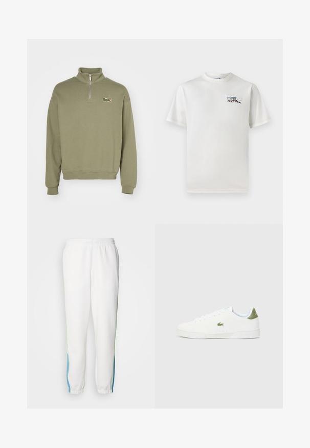 Glidelås genser i olivengrønn bomull med forhøyet krage og ribbestrikkede mansjetter. Har et brodert krokodillelogo på venstre bryst.; Hvit bomull T-skjorte med rund hals, korte ermer, og en liten brodert logo med fjell og tekst på venstre bryst.; Hvite joggebukser med elastisk midje, prydet med grønne og blå siderander. Myk stoffkvalitet med tapered ankeldesign.; Hvite joggesko med en glatt tekstur, med en grønn detalj på hælen og en liten brodert krokodillelogo på siden.
