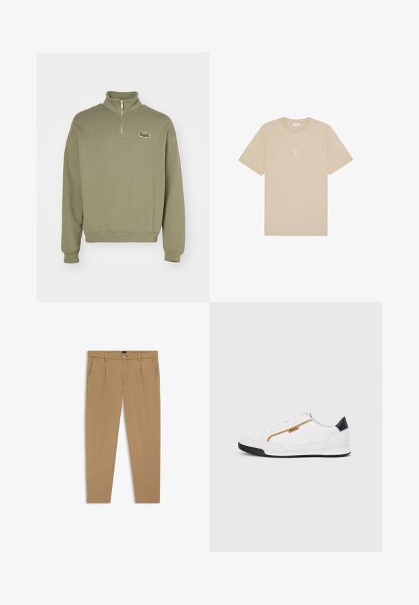Pullover con zip in cotone verde oliva, con colletto alto e polsini a costine. Presenta il logo ricamato di un coccodrillo sul lato sinistro del petto.; T-shirt in cotone beige con maniche corte e scollatura rotonda. Presenta una piccola grafica centrata "II" in una tonalità più chiara.; Pantaloni beige con una texture liscia, design a gamba dritta, tasche anteriori e chiusura con bottone in vita.; Scarpe sportive bianche con accenti in rete e pelle. Presentano un logo dorato "BOSS", pannelli laterali testurizzati e un copri tallone nero. Suola in gomma.