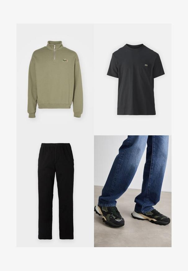Zippered pullover in olive green cotton with a raised collar and ribbed cuffs. Features embroidered crocodile logo on the left chest.; Black cotton t-shirt with short sleeves, round neckline, and a small green logo on the left chest pocket. Simple design, regular fit.; Black pants made of cotton blend fabric, featuring a straight cut, elastic waistband with button, and no visible patterns or accents.; Green and black sneakers with textured overlays and a chunky sole, paired with dark blue straight-leg jeans, against a neutral backdrop.