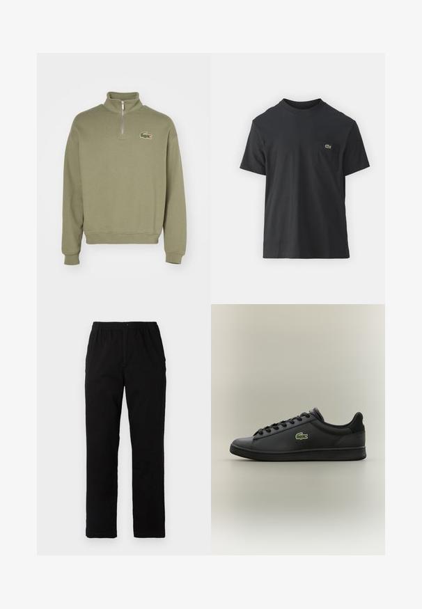 Glidelås genser i olivengrønn bomull med forhøyet krage og ribbestrikkede mansjetter. Har et brodert krokodillelogo på venstre bryst.; Svart bomull t-skjorte med korte ermer, rund hals og en liten grønn logo på venstre brystlomme. Enkelt design, normal passform.; Sorte bukser laget av bomullsblandet stoff, med rett snitt, elastisk midjebånd med knapp, og uten synlige mønstre eller detaljer.; Sorte lavoyer skinnesko med svarte snørebånd og en grønn krokodillelogo på siden, plassert mot en enkel nøytral bakgrunn.
