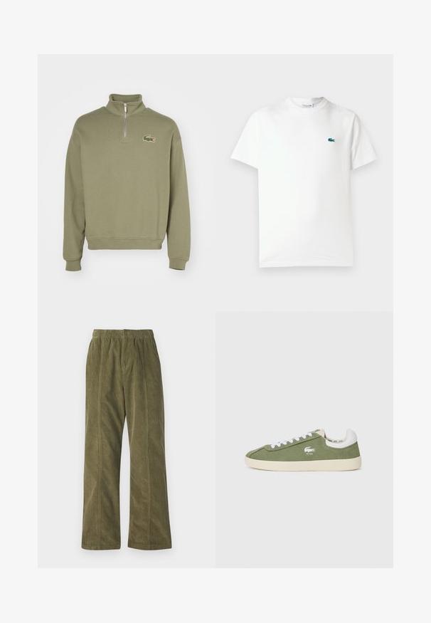 Zippered pullover in olive green cotton with a raised collar and ribbed cuffs. Features embroidered crocodile logo on the left chest.; White cotton t-shirt featuring a crew neck, short sleeves, and a small green embroidered crocodile logo on the left chest.; Olive green corduroy pants with a wide-leg design, elastic waistband, and visible stitching detail along the sides.; Green canvas sneakers with white laces and a white heel cap. Features a Lacoste logo in white. Classic low-top silhouette and rubber sole.