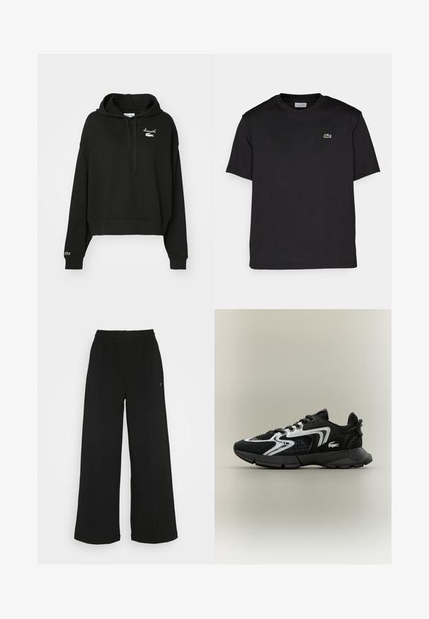 Felpa nera a cropped realizzata in materiale morbido, con cappuccio regolabile e logo ricamato bianco sul petto e dettaglio verde sulla manica.; T-shirt in cotone nero con scollatura rotonda, maniche corte e un piccolo logo ricamato verde sul lato sinistro del petto. Design semplice.; Pantaloni neri a gamba larga con vita elasticizzata. Realizzati in un materiale morbido e leggero. Presentano cuciture verticali sul davanti.; Scarpe sportive nere con pannelli in rete, dettagli in argento e sovrapposizioni nere texturizzate. Dotate di lacci e di una suola curvata e resistente.