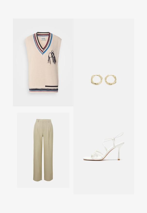 Beez värvusega kudumisvest V-kaelusega, siniste, burgundia ja mustade triipudega kaeluses. Omab dekoratiivseid tõmblusi ja väikest tasku detaili.; Beezhides laiad püksid, mis on valmistatud siledast kangast, millel on ees pleated, meisterdatud vöökoht ja küljetaskud. Puhtad allääred.; Valge rihmadega kõrge kontsaga sandaal, millel on lamedad varbatoed, tekstuuriga esiosa kogutud detailidega ja kitsas pahkluu rihm.; Kuldsete rõngaskõrvarõngaste tekstuuriga, ebakorrapärane kuju. Omab sujuvat lukustust ja poleeritud pinnatöötlust, rõhutades kaasaegset disaini.