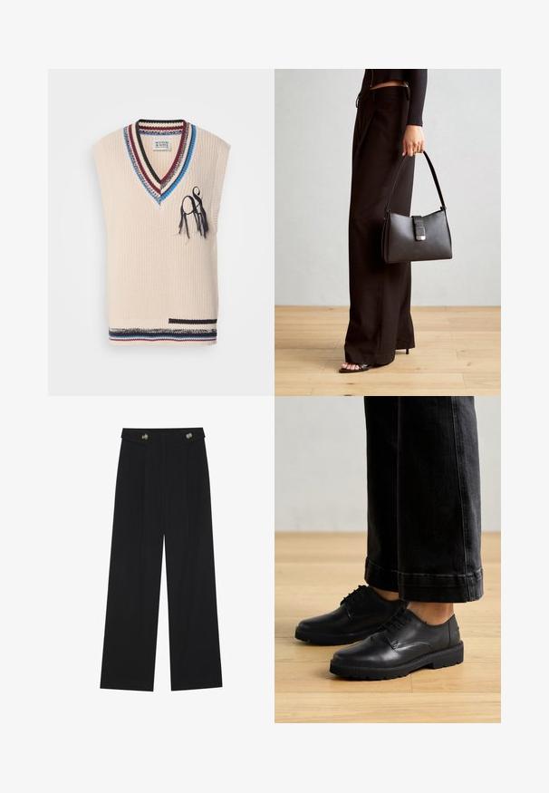 Beez värvusega kudumisvest V-kaelusega, siniste, burgundia ja mustade triipudega kaeluses. Omab dekoratiivseid tõmblusi ja väikest tasku detaili.; Mustad laiad püksid kõrge vöökoha ja nööpdetailidega vööandil, esikortsudega.; Mustad nahast puhked, millel on sile pind, ümar varvas ja paks kummitald, koos lühikeste tumedate teksadega.; Must musta kott, millel on struktureeritud kuju, sile tekstuur ja metallist klamber. Kombineeritud laiate mustade pükstega ja avatud varvaste sandaalidega puidust põrandal.