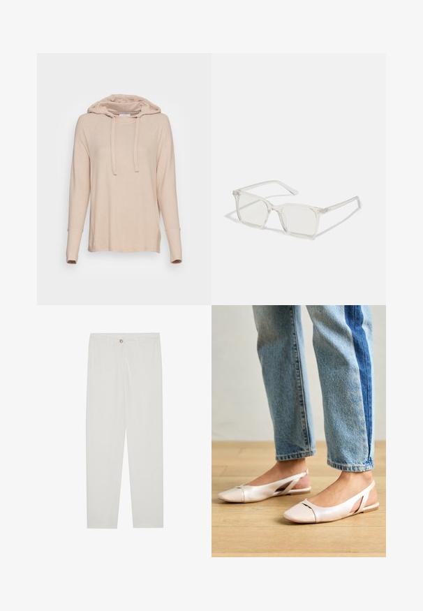 OPUS SULVAN - Camisola - sweet almond melange; Calças brancas, ajustadas, com um design de perna reta, apresentando um fecho de botão, passantes para cinto e bolsos laterais; textura de tecido suave.; Sapatilhas slingback de cor rosa pálido com bico fino, feitas de um material semelhante a couro liso. Apresentam detalhes recortados nas laterais e um salto plano.; Óculos quadrados de plástico transparente com lentes translúcidas, apresentando detalhes em dourado nas hastes.; Bolsa transversal de couro castanho com um formato curvado, ferragens douradas e um detalhe de fivela. Inclui uma alça de ombro destacável.