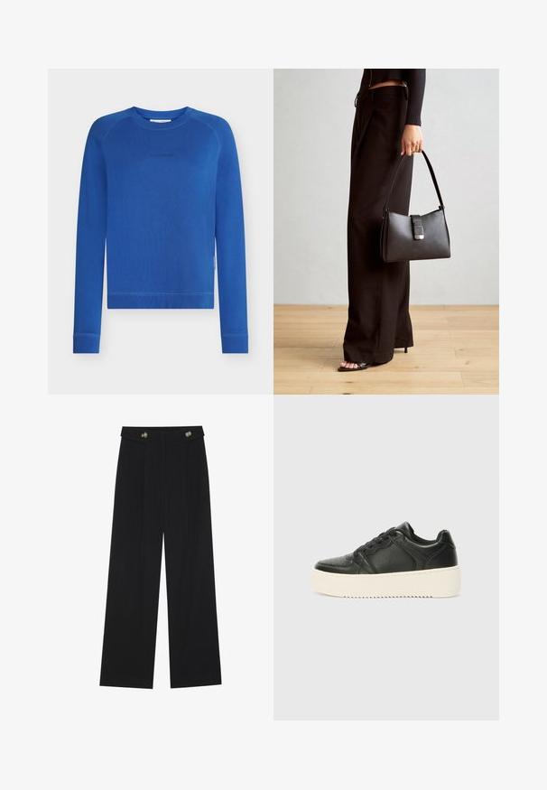 Blå genser med lange ermer, rund hals, ribbestrikkede mansjetter og kant, med en diskret logo på brystet. Glatt bomullstekstur.; Svart vide bukser med høy midje, knappdetaljer på midjebåndet og frontplisser.; Svart lær sneakers med en jevn tekstur, tykk kremfarget såle, rund tå og klassisk snøring. Subtile sømdetaljer.; Svart håndveske med strukturert form, jevn tekstur og metallisk lås. Kombinert med brede svarte bukser og sandaler med åpen tå på tregulv.