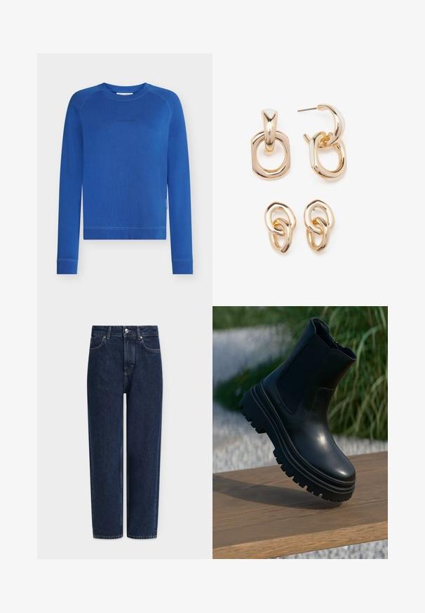 Blue sweatshirt with long sleeves, crew neck, ribbed cuffs and hem, featuring a subtle logo on the chest. Smooth cotton texture.; Dark blue denim jeans with a straight leg, high waist, silver hardware, front pockets, and subtle stitching details. Classic five-pocket design.; Black leather ankle boot with a chunky sole, elasticated side panels, and a smooth finish. Elevated design with contrasting tread detail.; Gold-toned earrings featuring a mix of geometric shapes: a square, circle, and linked oval designs with a polished finish.
