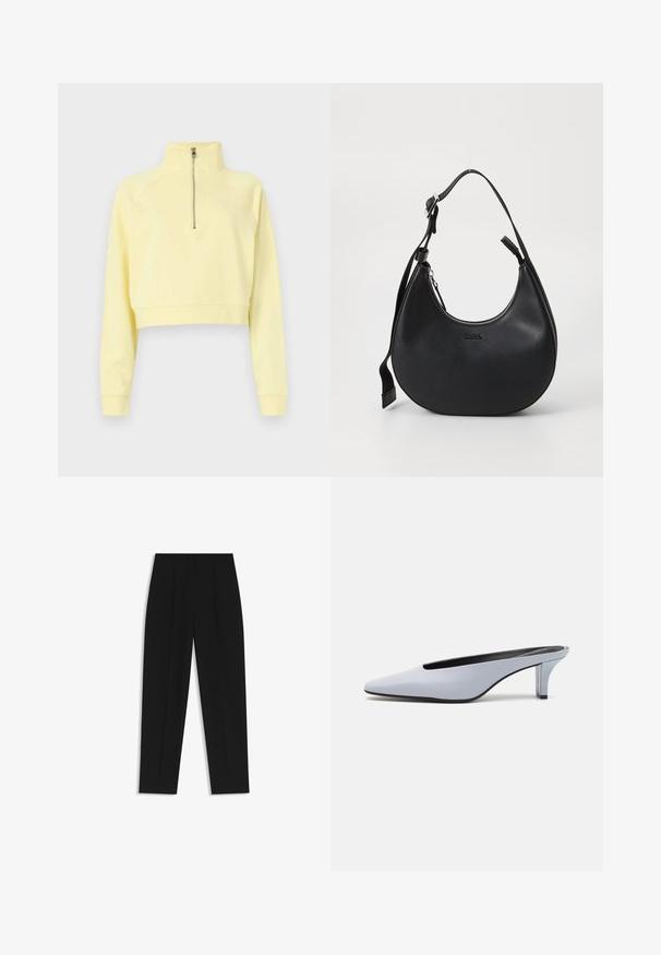 Felpa cropped gialla chiara con zip sul collo, maniche lunghe a raglan e texture liscia. Presenta un dettaglio logo sottile sulla parte anteriore.; Pantaloni neri a taglio dritto, con doppie pieghe, una texture liscia e un design classico in vita. Nessun hardware o dettaglio visibile.; Mule in pelle lucida blu chiaro con punta affusolata, tacco trasparente basso e design elegante caratterizzato da un'apertura sulla parte superiore.; Borsa a spalla in pelle nera con forma curva, chiusura con zip e tracolla regolabile. Presenta il logo del marchio impresso sulla parte anteriore.