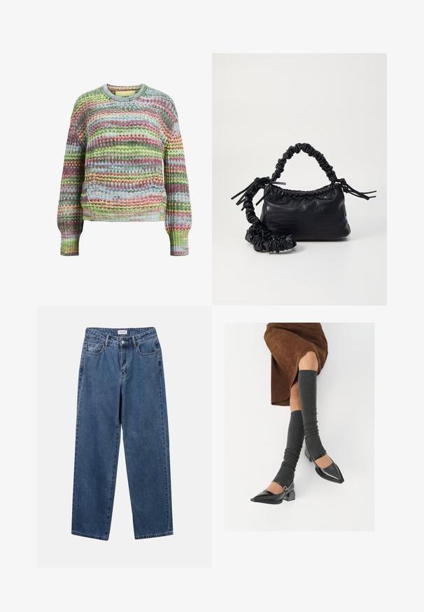 Wielokolorowy sweter dzianinowy z okrągłym dekoltem, długimi rękawami i teksturowanym wzorem z poziomymi paskami w kolorach zielonym, różowym i niebieskim.; Klasyczne niebieskie dżinsy o prostym kroju, pięć kieszeni i zapięcie na guzik. Charakteryzują się średnim odcieniem i solidną teksturą.; Czarne lakierowane buty na szpilce z prostokątnym obcasem i paskiem na kostce, zestawione z szarymi prążkowanymi ocieplaczami na nogi oraz brązową zamszową spódnicą.; Czarna torebka z syntetycznej skóry o teksturze krokodyla, z zaciąganym górnym zamknięciem i marszczonym paskiem. Wygląda na miękką i zwartą w designie.
