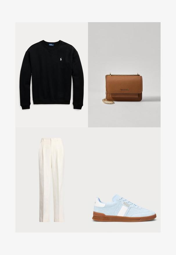 Sweatshirt de algodão preto com design em V, punhos e bainha inferior canelados. Apresenta um pequeno logótipo branco de polo no lado esquerdo do peito.; Polo Ralph Lauren HEMP WIDE LEG PANT - Calças - nevis; Sapatilhas de camurça azul claro com uma faixa branca, sola de borracha gum e detalhe do logotipo. Os atacadores planos e a língua acolchoada aumentam o conforto.; Bolsa crossbody de couro texturizado castanho com alça de corrente dourada e fecho com aba. A parte da frente apresenta detalhe do logótipo e um bolso sob a aba.
