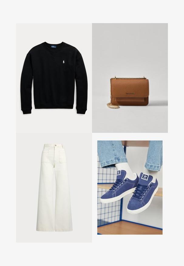 Hanorac din bumbac negru cu un decolteu în V, manșete și tiv inferior ribbate. Prezintă un mic logo alb de polo pe pieptul stâng.; Jeans cu picioare late din denim alb-crem. Design cu talie înaltă, cu închidere prin nasture, două buzunare frontale și detalii cu cusături contrastante.; Adidași bleumarin din suede, cu talpă din cauciuc alb, vârfuri rotunde și o etichetă cu logo pe limbă. Ciorapi albaștri strălucitori vizibili.; Geantă crossbody din piele texturată maro, cu curea din lanț aurit și închidere cu clapetă. Partea din față prezintă detalii cu logo și o buzunar sub clapetă.