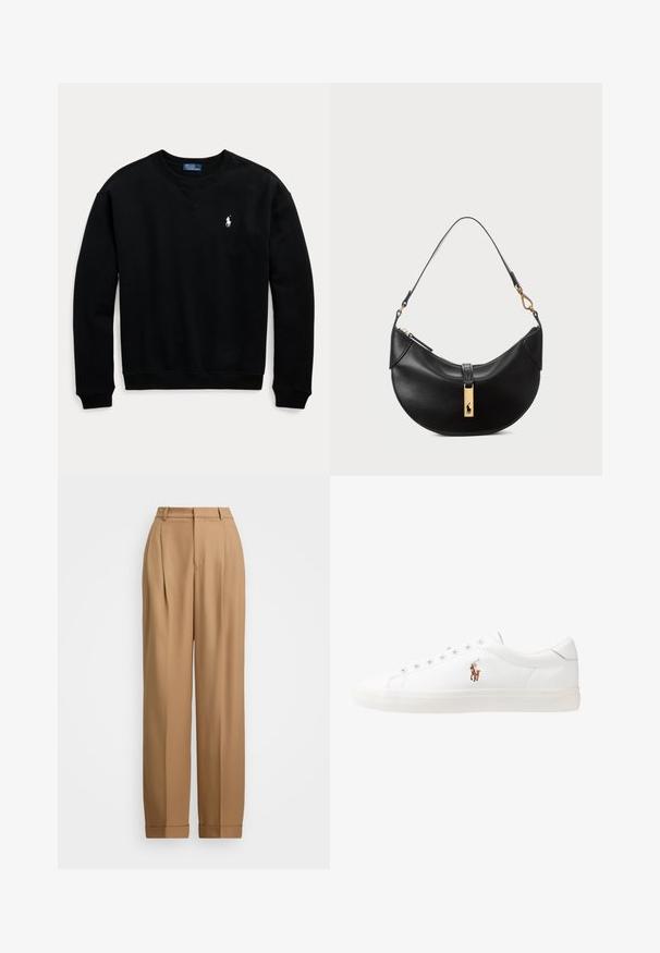 Černá bavlněná mikina se svým véčkovým výstřihem, manžetami a spodním lemem s žebrováním. Na levé části hrudi je malá bílá nášivka loga polo.; Beige kalhoty na míru s vysokým pasem, plisovaným předním dílem, zúženými nohavicemi a ohrnutými manžetami. Hladký materiál s jemnou strukturou.; Bílé kožené tenisky, nízký střih, s hladkým povrchem, kulatou špičkou, šněrováním v přední části a malým vyšitým logem na boku.; Černá kožená kabelka ve tvaru půlměsíce. Obsahuje zlaté kovové detaily a úzký popruh. Hladký povrch, zapínání na zip na vrchu.