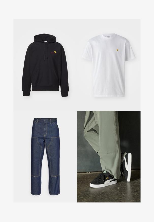 Zwarte hoodie van katoenmix met een voorzak, capuchon met trekkoord en een rood geborduurd logo met een gele boog.; Witte katoenen t-shirt met korte mouwen en ronde hals, voorzien van een klein gouden logo op de linkerkant van de borst. Zachte textuur en een normale pasvorm.; Donkerblauwe denim jeans met een hoge taille, rechte pijpen, contrasterende stiksels en opgestikte zakken aan de voorkant.; Zwarte suède sneakers met witte rubberen zolen en zijstrepen, gecombineerd met lichtgroene cargobroeken, staande op een gestructureerd donker oppervlak.