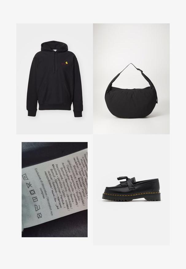Fekete kapucnis pulóver pamut keverék anyagból, elülső zsebbel, zsinóros kapucnival és piros hímzett logóval, melyen sárga ív található.; Címke többnyelvű szöveggel, ápolási szimbólumokkal és újrahasznosítási ikonokkal, puha szövethez hasonló anyagra nyomtatva, világos színben.; Fekete bőr mokaszin, rojtos díszítéssel, masszív fekete talppal és sárga varrással az élén. Texturált felület.; Fekete szövet válltáska ívelt formával, egyetlen pánttal és cipzáras záródással. Puha tapintás, minimalista dizájn.