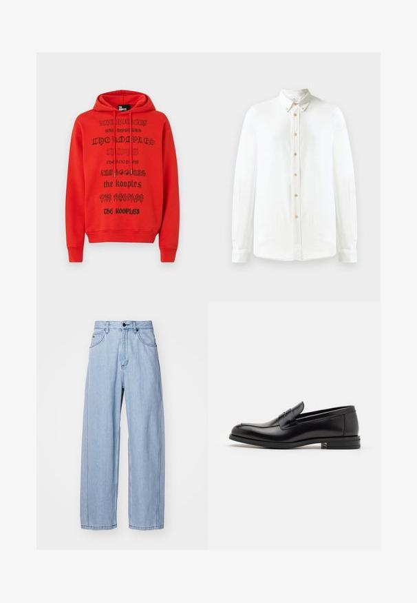 Sweat à capuche rouge avec du texte imprimé noir utilisant des polices variées. Le matériau semble doux, avec une poche kangourou et une capuche ajustable par un cordon.; Chemise blanche à manches longues et boutons, en tissu doux, avec un col classique, une rangée de boutons ronds marron et des poignets boutonnés.; Jeans en denim bleu clair avec une coupe évasée, dotés de poches avant, d'une fermeture par bouton et de coutures détaillées le long des coutures.; Mocassins en cuir noir avec une texture lisse, bout rond et une sangle décorative sur le dessus. Talon bas empilé, design minimaliste.