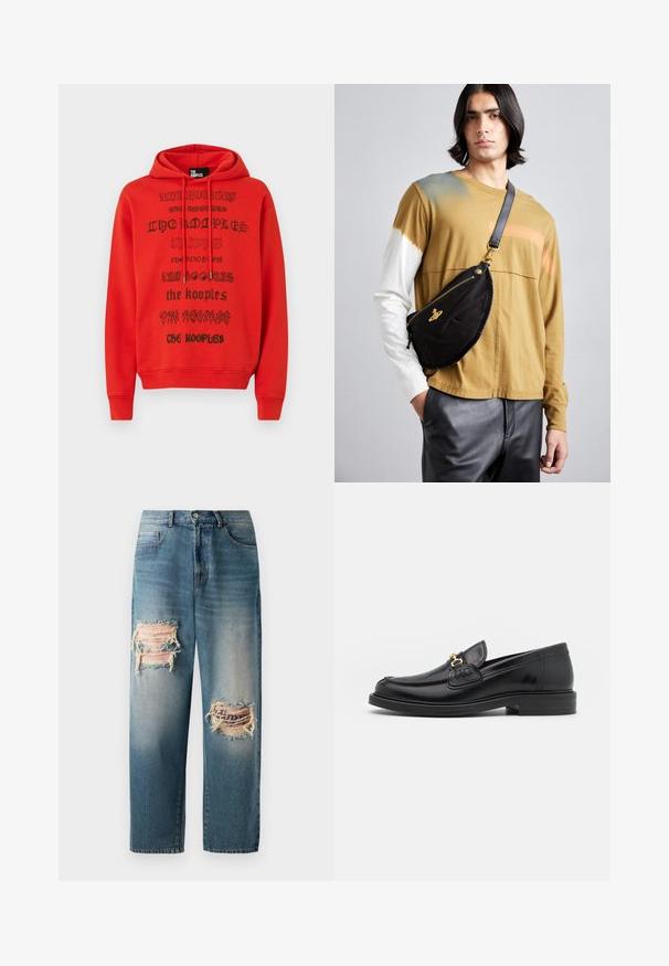 Hanorac roșu cu text imprimat negru în fonturi variate. Materialul pare moale, având un buzunar tip kangur și o glugă ajustabilă cu șnur.; Jeans din denim de culoare albastru deschis, cu o croială lejeră, având două unghere deteriorate pe față cu margini desfăcute și o spălare decolorată.; Loaferi din piele neagră cu vârf rotunjit, dotati cu accente aurii și detalii de cusătură, așezați pe o talpă joasă din cauciuc texturat.; Vivienne Westwood CITY BUMBAG UNISEX - Borsetă - black