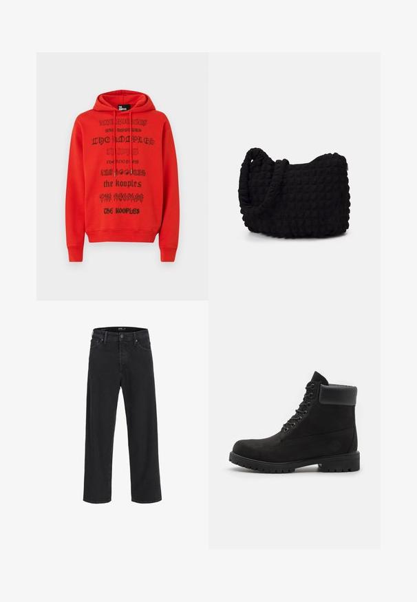 Red hoodie featuring black printed text with varying fonts. Material appears soft, with a kangaroo pocket and adjustable drawstring hood.; Black straight-leg denim jeans with button and zipper closure, belt loops, and front and back pockets.; Black lace-up ankle boot with padded collar and rugged sole, shown in profile against a white background.; Black fabric bag with a textured, quilted pattern. Rounded shape, short, thick handles, and a soft, flexible structure.