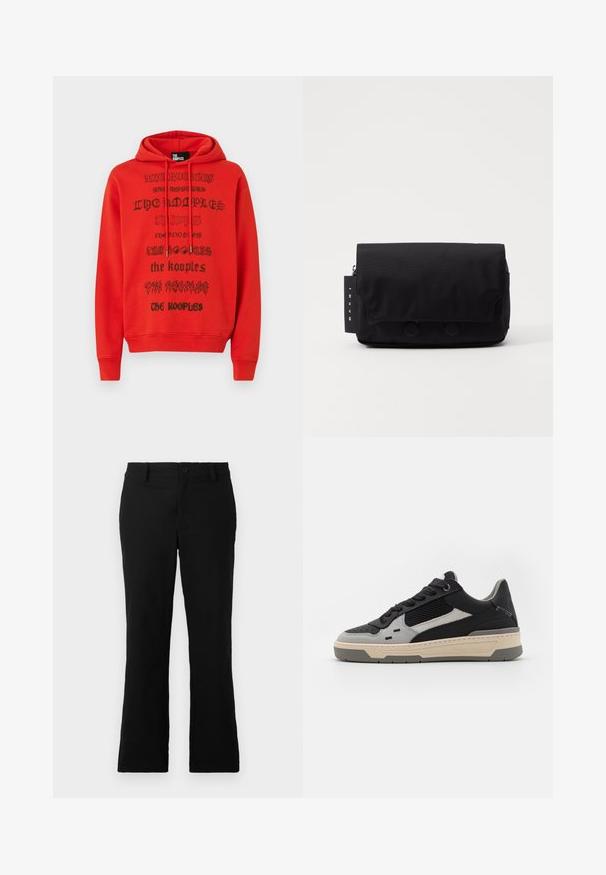 Red hoodie featuring black printed text with varying fonts. Material appears soft, with a kangaroo pocket and adjustable drawstring hood.; Black flared trousers made of cotton blend fabric, featuring a button closure, belt loops, and a smooth texture with no visible patterns.; Sneakers featuring black and grey panels, textured mesh, smooth leather, and a cream rubber sole with a minimalistic design.; Black messenger bag made of textured fabric. Features a flap closure with two circular buttons, zippered compartment, and a tag with brand name.