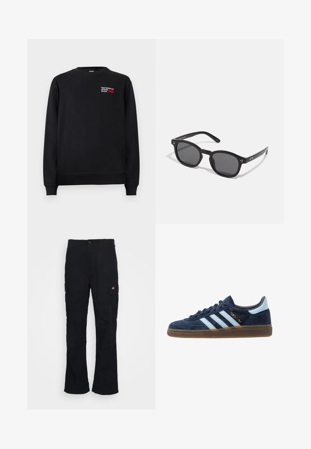 Črna trenerka iz mešanice bombaža, z okroglim izrezom, rebrastimi manšetami in majhnim rdečim in belim logotipom "New Balance" na prsih.; Črne cargo hlače s ravnim krojem, izdelane iz trpežnega materiala, z stranskimi žepi in našitim logotipom na levi strani.; Mornarsko modri velur Adidas športni copati z svetlo modrimi črtami, gumijastim podplatom, svetlo modrim petnim jezičkom in zlatim oznako "Spezial" na strani.; Črne ovalne sončne očala z temnimi lečami, debelimi okvirji in srebrnimi pikami na straneh. Gladek plastičen material, sodoben dizajn.
