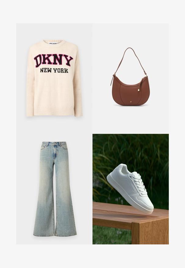 Cream-colored knit sweater featuring a round neckline, ribbed cuffs, and bold black and pink "DKNY NEW YORK" lettering on the front.; Light blue wide-leg jeans with a high waist, featuring a faded finish, front pockets, and a subtle split at the bottom of the legs.; White sneaker with a smooth synthetic upper, perforated toe box, flat laces, and a textured sole, displayed on a wooden surface.; Brown faux leather shoulder bag with curved shape, minimal stitching, and a gold-tone hardware accent. Features a top zipper closure and adjustable strap.
