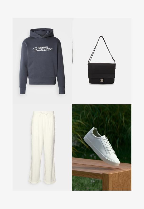 Sudadera con capucha en gris oscuro, con texto en blanco "CITY SUMMER Paradise" en la parte frontal. Tejido suave, puños y dobladillo acanalados.; Pantalones de lino en color blanco roto con cintura elástica regulable, perneras ligeramente anchas y puños doblados para un ajuste relajado. Sin bolsillos.; Zapatilla blanca con cordones flotando sobre un banco de madera con follaje verde al fondo, mostrando el diseño y la textura del zapato.; Bolso mensajero negro hecho de material suave, con solapa plegable, herraje de cierre plateado y correa de hombro ajustable.