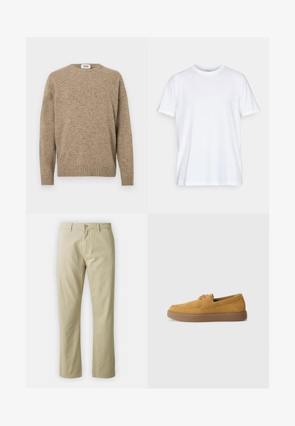 Beige gestrickter Pullover mit Rundhalsausschnitt, langen Ärmeln und geripptem Saum. Der strukturierte Stoff enthält vereinzelte dunklere Farbnuancen.; Weißes Baumwoll-T-Shirt mit kurzen Ärmeln, rundem Halsausschnitt und lockerer Passform. Minimalistisches Design, ohne Muster oder Akzente.; Beige Baumwollhose mit geradem Bein, mit vorderem Knopfverschluss und Gürtelschlaufen. Glatte Textur, keine sichtbaren Muster oder Akzente.; Braune Wildlederschlupfschuhe mit strukturierter Oberfläche, runder Zehenform und kontrastierender Gummisohle. Mit dezenter Markenkennzeichnung nahe der Ferse.