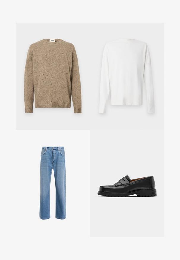 Beige strikket genser med rund hals, lange ermer og ribbestrikket kant. Den teksturerte stoffet har flekker av mørkere nyanser.; Langermet hvit bomullsskjorte med rund hals, sidespalter nederst og en jevn tekstur, vist fra baksiden.; Lys blå denimjeans med rett ben-design, fem lommer, knappeåpning, minimal falming og kontrasterende sømdetaljer.; Svart skinnloafers har en hevet søm, to dekorative stropper på oversiden, og en tykk teksturert såle for bedre grep.
