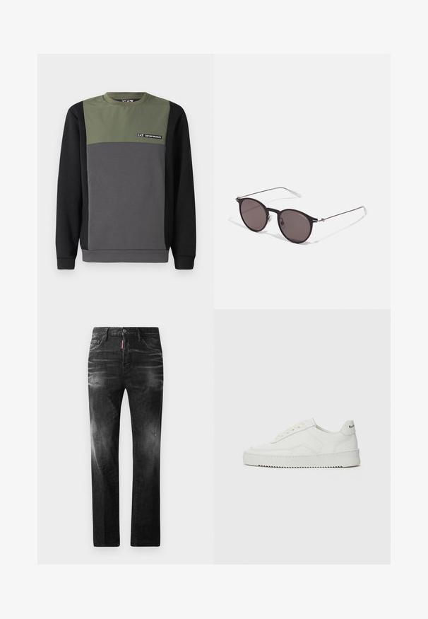 Felpa in colori a blocchi: parte superiore verde scuro, parte centrale grigia e parte inferiore nera. Presenta maniche lunghe e un collo a giro con dettagli del logo.; Jeans in denim nero con vestibilità dritta. Presentano aree sbiadite, leggeri segni di usura, classico design a cinque tasche e chiusura con bottone.; Sneaker in pelle bianca con una finitura liscia, punta rotonda, lacci piatti e suola testurizzata. Presenta un logo discreto sul tallone.; Occhiali da sole neri rotondi con lenti scure e sottili bracci in metallo. Include punte trasparenti e accenti argentati alla cerniera. Design minimalista.