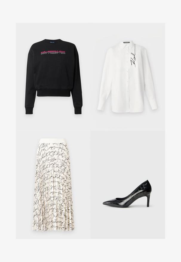 Black sweatshirt made of cotton blend, featuring ribbed cuffs and hem, with vertical text "KARL LAGERFELD JEANS" in pink and white on the front.; White long-sleeve shirt made of cotton, featuring a front pocket and black embroidered signature on the left side. Classic collar and button closure.; Pleated midi skirt in cream with black cursive text patterns, featuring a smooth waistband and flowing fabric for ease of movement.; Black pointed-toe high heels with a glossy finish and subtle textured pattern. Features a moderate heel and open throat design.