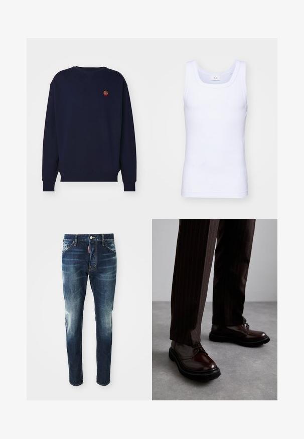 Mornarsko modra kapuca s okroglim izrezom, dolgimi rokavi in ribanimi manžetami. Na prsih je majhna izvezena podoba.; Bela bombažna brezrokavna majica s krošnjo, ki ima gladko teksturo in prilegajočo obliko, zasnovana za sproščeno nošenje.; Temno modri jeans z ozkim krojem, z zbledelimi deli na stegnih in kolenih, petimi žepi in kovinskim gumbom za zapiranje.; Bordeaux usnjeni čevlji na vezanje z leskom, črnim gumijastim podplatom in diskretno šivanjem. Nosi se z rjavo prugastimi hlačami.