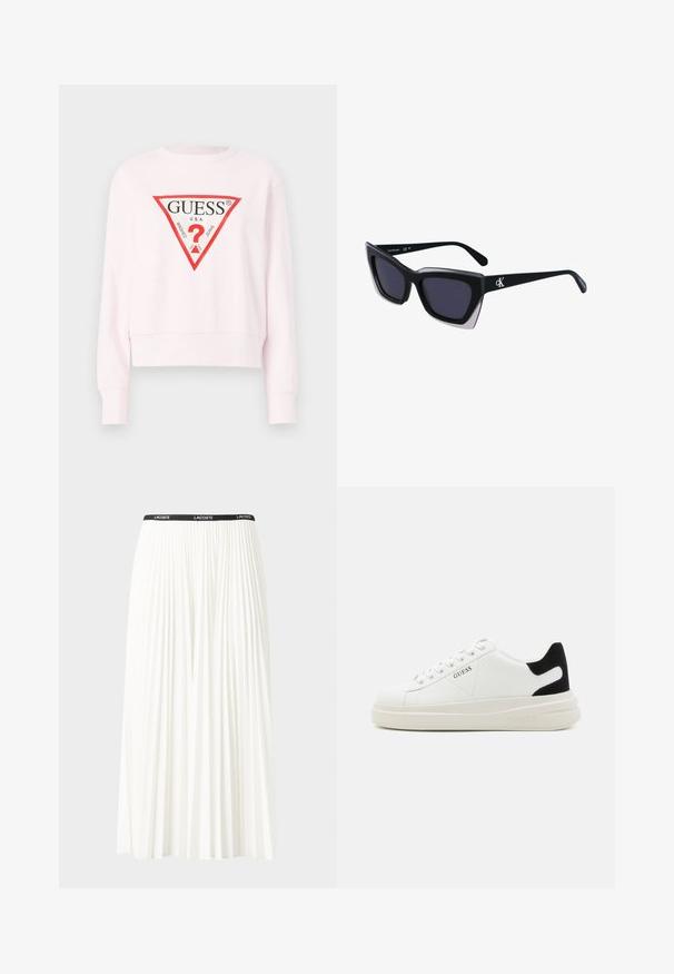 Sweatshirt rosa de gola redonda com um design cropped, apresentando um logo de marca triangular vermelho e preto na parte da frente. Tecido macio com mangas longas.; Saia plissada branca com uma cintura elástica preta que apresenta o logótipo "LACOSTE". Design de comprimento médio com textura suave.; Sapatilhas brancas de couro com uma sola branca espessa, detalhe em camurça preta no calcanhar e logótipo em relevo na lateral. Design com atacadores e seis ilhós.; Óculos de sol oversized pretos com forma geométrica, apresentando lentes escuras e um detalhe cinza em contraste na armação. Logotipo na haste.
