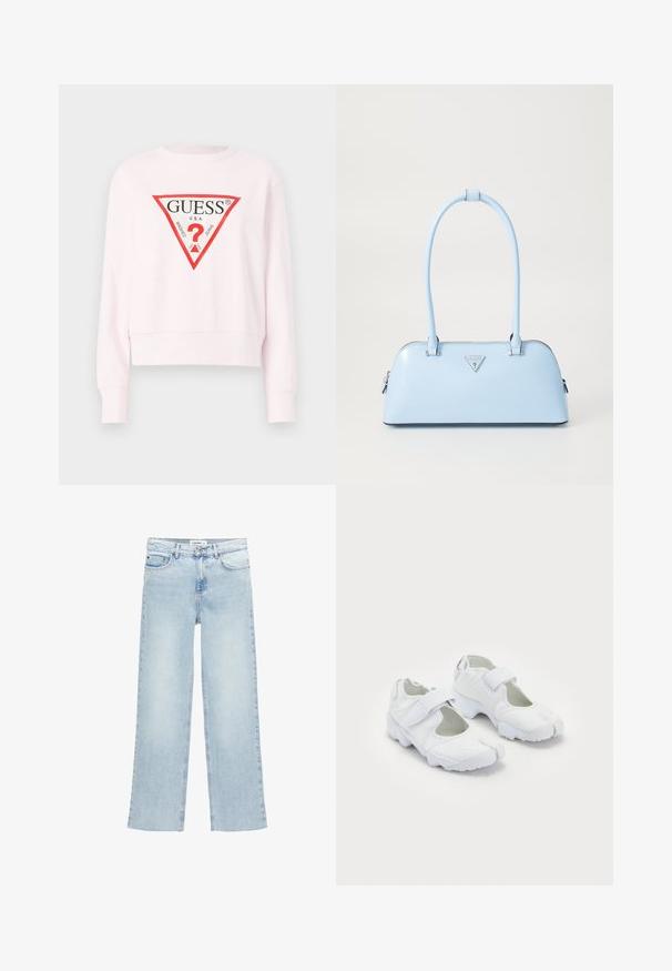 Růžová mikina s kulatým výstřihem a zkráceným střihem, na přední straně s černým a červeným trojúhelníkovým logem značky. Měkká látka s dlouhými rukávy.; Světle modré široké džíny vyrobené z denimu s vysokým pasem, pěti kapsami a zapínáním na knoflík. Obsahují minimální detaily šití.; Bílé sportovní boty s texturovaným svrškem, nastavitelným suchým zipem, zakulacenou špičkou a mohutnou podešví s výrazným vzorkem.; Světle modrá kabelka se strukturovaným tvarem, hladkou koženou texturou, dvěma uchy a trojúhelníkovým logem značky na přední straně. Uzavření na zip.