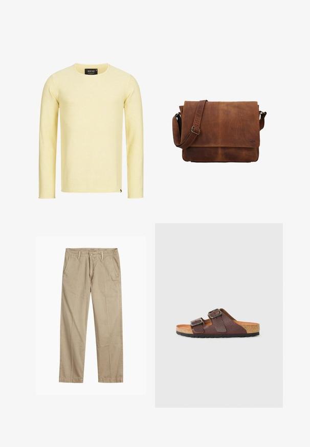 Žltý pletený sveter s dlhými rukávmi a kulatým výstrihom, textúrovaná tkanina a malá logo nálepka na spodnom leme. Rovný strih, bez vzorov.; Béžové chinos nohavice rovného strihu s pútkami na opasok, predným gombíkom a zipsom, a šikmými prednými vreckami.; Hnedé kožené sandále s dvoma nastaviteľnými prackami, korokovou stielkou, mäkkou svetlohnedou vnútornou vrstvou a čiernou gumovou podrážkou, zobrazené v bočnom profile.; Hnedá kožená taška cez rameno so štruktúrovaným dizajnom, dlhým nastaviteľným ramienkom a preklápacím zapínaním. Na prednej strane je nenápadné logo.; Strieborné kovové náramkové hodinky so štvorcovým puzdrom, bielym ciferníkom, rímskymi číslicami a strieborným náramkom. Majú vodoodolný dizajn.