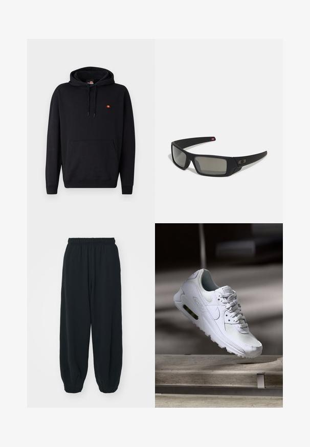Schwarzer Kapuzenpullover aus Baumwolle, mit einer vorderen Kängurutasche und einem kleinen, bunten Logo auf der Brust. Weicher Stoff, lässige Passform.; Schwarze Sweatpants mit elastischem Bund, lockerer Passform, gerippten Beinabschlüssen, glatter Textur und ohne sichtbare Muster oder Hardware-Akzente.; Weiße Nike Air Max 90 Sneaker mit einem Obermaterial aus Mesh und Leder, durchlässigem Zehenbereich und einer sichtbaren Air-Einheit in der Ferse.; Schwarze Sonnenbrille mit matter Oberfläche, rechteckigen Gläsern, leichtem Bogen an den Schläfen, dezentem Logo-Detail und rauchgetönten Gläsern.