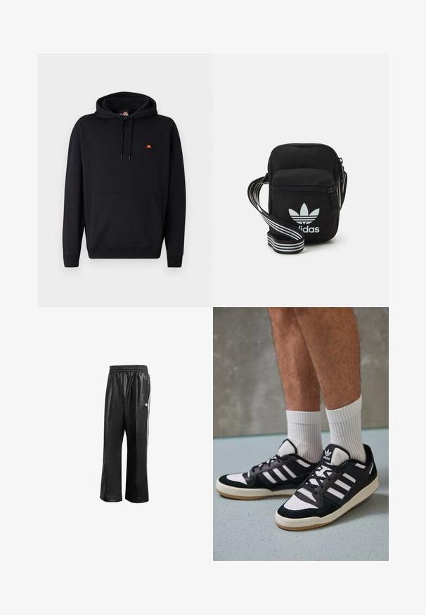 Hanorac negru cu glugă, fabricat din bumbac, având o pungă frontală și un logo mic, colorat pe piept. Textură moale, croială lejeră.; Pantaloni de trening sintetici negri cu talie elastică, având dungi albe pe laturi și un mic logo alb pe şoldul stâng.; Adidași negri și albi cu un superior din suede și piele, prevăzuți cu trei dungi albe, un vârf perforat și o talpă din cauciuc caramel.; Geantă de umăr din material textil negru, cu închidere cu fermoar, având un logo Adidas alb și o curea ajustabilă cu dungi pentru o transportare ușoară.