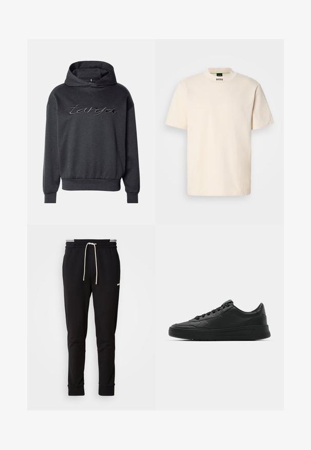 Sudadera con capucha gris oscuro hecha de un tejido suave, que presenta un gran logotipo bordado en un tono contrastante, con un corte holgado y puños acanalados.; T-shirt de manga corta color crema con collar alto, que presenta la palabra "BOSS" impresa en negro en la parte delantera del cuello y en la etiqueta interior.; Pantalones jogger ajustados negros con cordones blancos, puños acanalados y un logo sutil en el muslo superior sobre un fondo liso.; Zapatilla negra con parte superior de cuero liso, puntera redonda, cordones planos, cuello acolchado y diseño minimalista. Suela de goma con un patrón de relieve sutil.