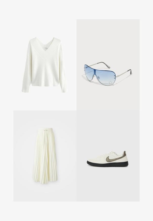 Valge soonikkoeline sviiter sügava V-kaelusega, pikkade varrukatega ja vabalt istuva lõikega. Tekstuuril on vertikaalsed jooned, mis rõhutavad disaini.; Kergelt kollasel kangast volditud midi seelik, millel on elastne vöökoht koos nööriga, sile tekstuur ja vertikaalsed triibud lisadetailideks.; Nike Sportswear FIELD GENERAL - Tossud - off-white/black; Aviatori prillid, millel on gradient sinine objektiiv, hõbedane metallraam ja dekoratiivsed staaraktsendid objektiivil. Sujuv ja stiilne disain.