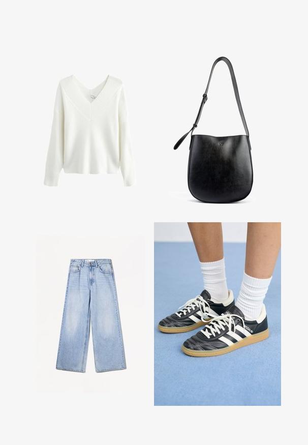 Fehér bordázott pulóver mély V nyakkal, hosszú ujjakkal és laza szabással. A textúra függőleges vonalakkal rendelkezik, amelyek fokozzák a dizájnt.; Bershka WIDE-LEG - Széles szárú - light-blue denim; Fekete bőr sportcipők fehér csíkokkal, kerek orral, fehér fűzővel és gumírozott talppal. Párnázott bokarész és márkajelzések emelik ki.; Fekete bőr kézitáska sima textúrával, ívelt formával, állítható pánttal és finoman domború logóval az elején.