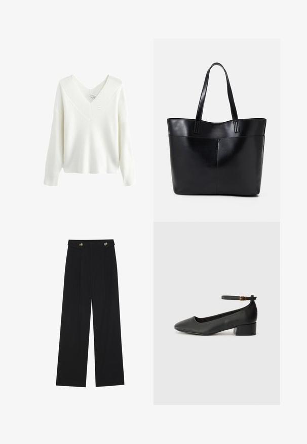 White ribbed sweater with a deep V-neck, long sleeves, and a relaxed fit. The texture features vertical lines, enhancing its design.; Black wide-leg trousers with high waist, button details on waistband, and front pleats.; Black leather pump with a pointed toe and a low block heel. Features an ankle strap with a gold-tone buckle. Smooth texture.; Black leather tote bag with two long handles, a smooth texture, and a structured shape. Features a front pocket for additional storage.