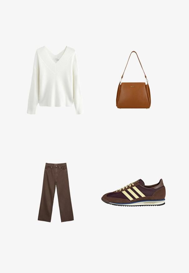Biały sweter z prążkowanym wzorem, głębokim dekoltem w kształcie litery V, długimi rękawami i luźnym krojem. Tekstura zawiera pionowe linie, które podkreślają jego design.; Szerokie brązowe dżinsy wykonane z denimu, z wysokim stanem, przednimi kieszeniami i klasycznym zapięciem na guzik. Gładka faktura z subtelnym przeszyciem.; Brązowe i burgundowe sneakersy wykonane z zamszu i siateczkowych materiałów, z trzema kremowymi paskami, teksturowanym materiałem na języku i gumową podeszwą.; Brązowa skórzana torebka z teksturowaną powierzchnią, z pojedynczym paskiem na ramię i subtelnym logo z przodu. Charakteryzuje się usztywnioną konstrukcją.
