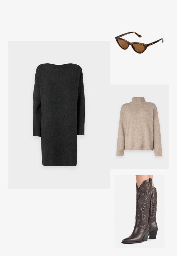 Beige knitted sweater with a high ribbed neckline, loose fit, and ribbed cuffs and hem. Soft texture with a casual design.; Long, dark gray sweater dress made from a soft, textured material. Features a wide neckline and long, fitted sleeves with ribbed cuffs.; Brown leather cowboy boots with pointed toe and block heel, featuring detailed stitching and raised accents on the shaft.; Cat-eye sunglasses with a black and orange tortoiseshell frame, brown lenses, and sleek, pointed tips. Features a minimal logo on the temple.