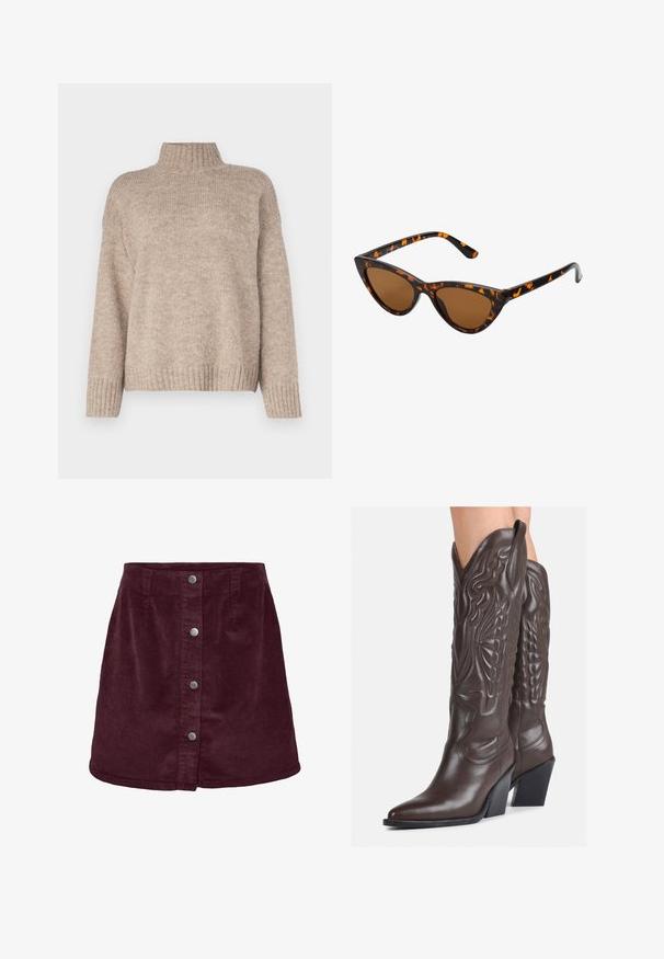 Beige kötött pulóver magas bordázott nyakkal, laza szabással és bordázott mandzsettákkal, valamint aljára. Puha tapintású, hétköznapi stílusú.; Burgundi kordbársony mini szoknya A-vonalú fazonban, az elején öt ezüst gombbal és diszkrét bordázott textúrával.; Barna bőr cowboy csizmák hegyes orral és blokk sarkal, részletes varrással és kiemelkedő díszítésekkel a szárán.; Cica szemüveg fekete és narancssárga teknőc pánttal, barna lencsékkel és sima, hegyes végekkel. A templomán egy minimalista logó található.