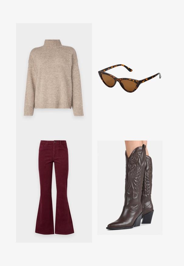 Beez pruun kudum särk kõrge ribidega kaelaaugu, vabalt langeva istuvuse ning ribidega mansettide ja allääriga. Pehme tekstuur ja lõdva disainiga.; Burgundi värvi corduroy flared jeans'ide viiel taskul on ees nööpkinne ja tekstureeritud kangas. Flarid laienevad põlvest allapoole.; Pruunid nahast cowboy saapad terava varbaga ja plokk-kandaga, millel on detailne tikand ja kergelt tõstetud aktsendid varrel.; Kassi vormiga prillid musta ja oranži kilpkonnakujulise raami, pruunide läätsede ja elegantsete teravate otstega. Templi juures on minimaalne logo.; Väike kreemjas käekott tekstureeritud viimistlusega, pikendatav rihm, ketiläbimõõt ja klapiga sulgemine. Kuldsed metalldetailid.