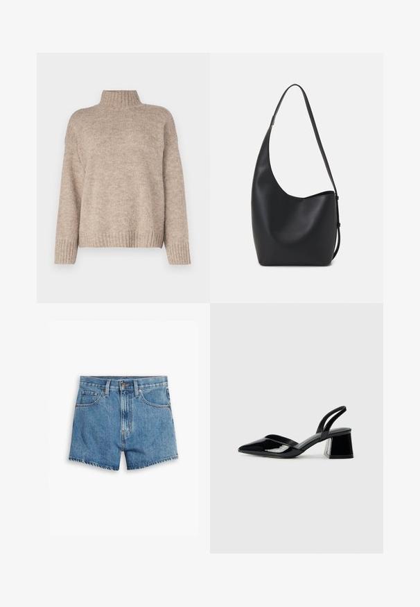 Beige strikkegenser med høy ribbestrikket krage, løs passform, samt ribbestrikkede mansjetter og hem. Myk tekstur med et casual design.; Lys blå denimshorts med fem lommer, glidelås og knappefeste. Bunnkanten er slitt med et avslappet passformdesign.; Svarte patentlær slingback hæler med spiss tå og geometrisk blokk hæl. Har et stilrent, minimalistisk design og jevn tekstur.; Svart lær hobo-veske med glatt tekstur, buet form og enkelt justerbart stropp; har en bred åpning på toppen.