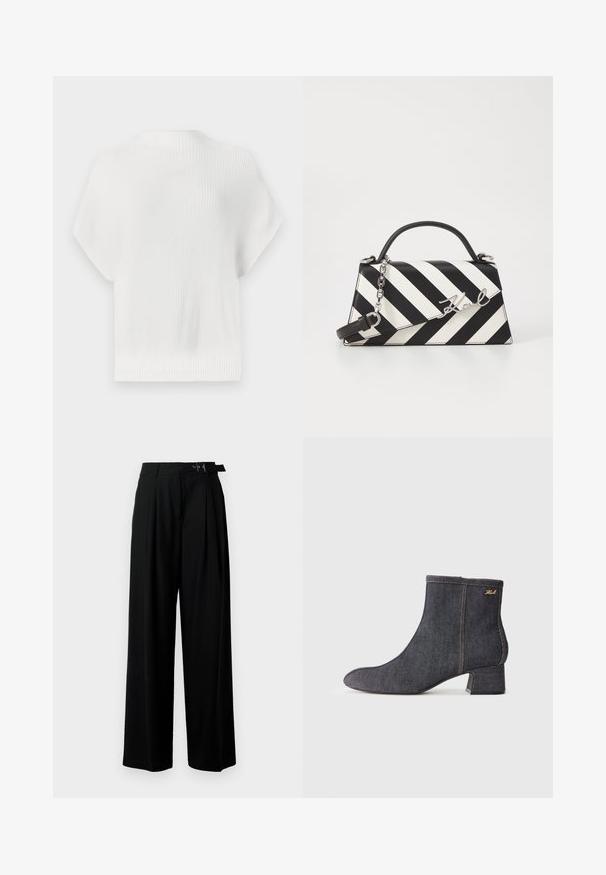 Fehér kötött pulóver, rövid ujjú, textúrázott bordás anyag, kerek nyakú, cropped hosszúságú, visszafelé finom logós részlettel.; Fekete, bő szárú nadrág magas derékkal, elöl pliszírozva, és csattal ellátott övvel. Simább, könnyű anyagból készült.; Sötét farmer anyagú boka csizma, hegyes orral, tömb sarkal, látható varrással és diszkrét márkalogóval az oldalon. Simább textúrával.; Fekete-fehér csíkos kézitáska, strukturált formával, felső fogantyúval, leválasztható lánc pánttal és fémes logóval.