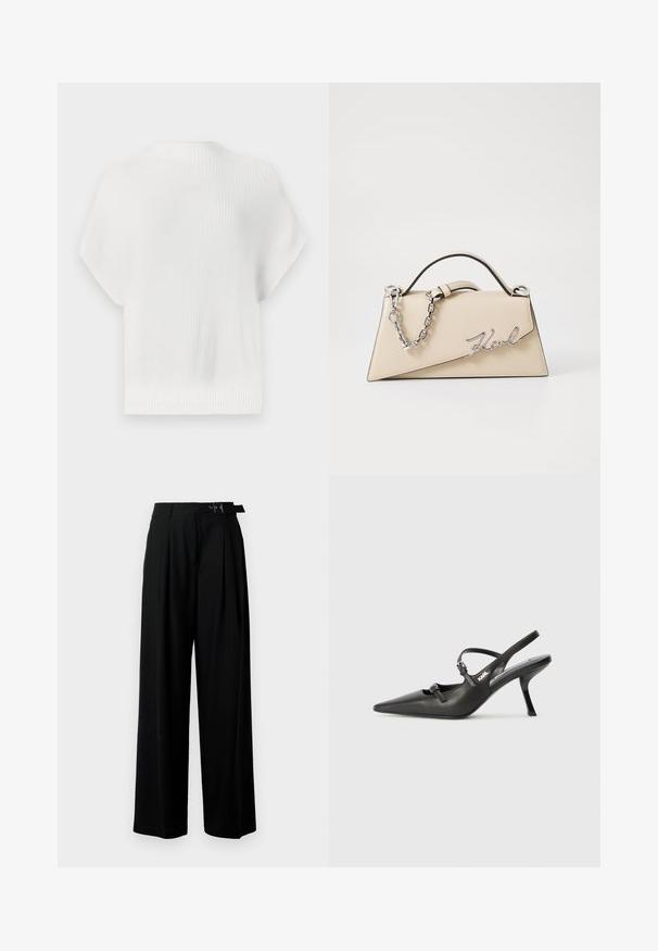 Hvit strikket genser, kortermet, teksturert ribbestrikket stoff, rund hals, kort lengde, med en subtil logo detalj bak.; Svarte vide bukser med høy livlinje, folder foran og belte med spenne. Laget av glatt, lett materiale.; Sorte skinn slingback-hæler med spiss tå, slank hæl og dekorativ spenne detalj på vampsiden. Glatt tekstur og stilrent design.; Beige lærveske med en strukturert, trekantet form, som har et sølvfarget kjedehåndtak og en skrifttype-logo i metall.