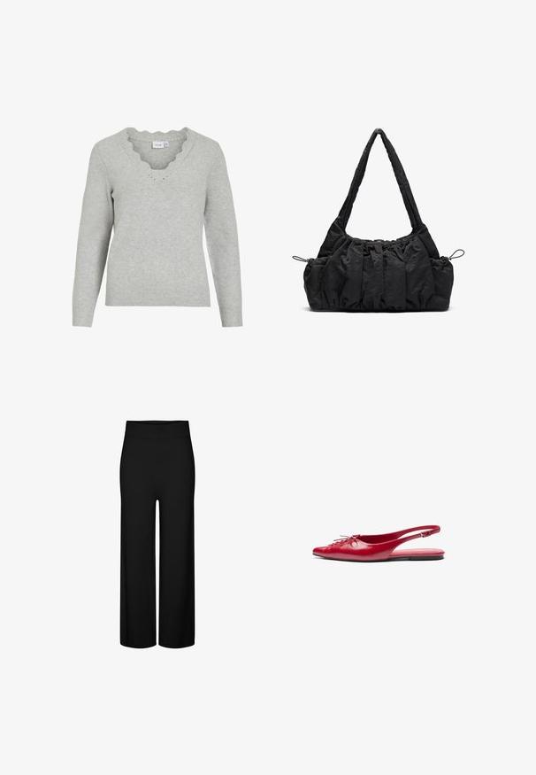 Hellgrauer Pullover mit langen Ärmeln und V-Ausschnitt. Mit gewellten Saumdetails und einer weichen Strickstruktur. Minimalistisches Design.; Schwarze weit geschnittene Hose mit dehnbarem Bund, die eine glatte Textur aufweist und keine sichtbaren Muster oder Akzente hat.; Rote Leder-Slingback-Ballerina mit spitzem Zehenbereich und dekorativem Schnürdetail an der Vorderseite, ausgestattet mit einem schmalen Knöchelriemen und flachem Fußbett.; Schwarze Stoffhandtasche mit geraffter Textur, zwei Schulterträgern und Kordelzugverschluss an den Seiten. Glattes, leichtes Material.