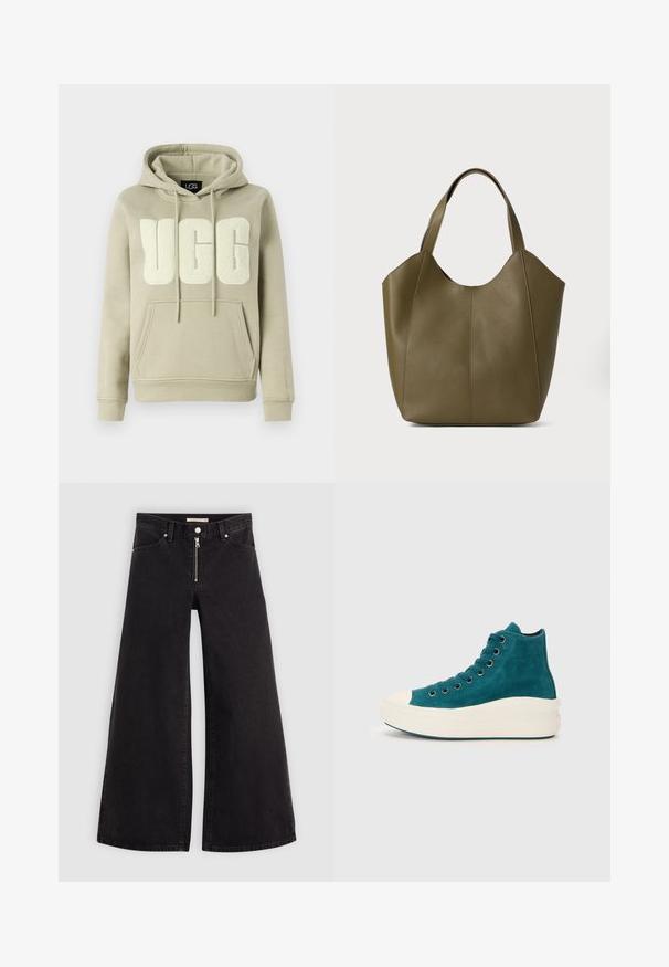 Sweatshirt verde-oliva claro com um grande logótipo UGG texturizado em creme. Tem capuz com cordão e um bolso frontal tipo bolsa.; Calças de ganga de perna larga em denim preto com fecho éclair à frente, design de cinco bolsos e detalhes de costura subtil. Textura suave e estilo casual.; Ténis de cano alto em camurça teal com sola de borracha branca, apresentando ilhós metálicos e bico arredondado. Design simples sem padrões visíveis.; Bolsa tote em pele verde oliva com alças duplas, textura suave e design em quatro painéis. Costura reforçada nas costuras para maior durabilidade.