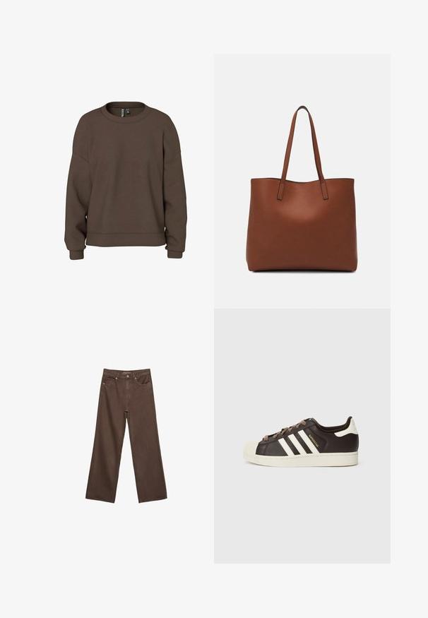 Hnědá mikina vyrobená z měkké tkaniny, s kulatým výstřihem, kleslými rameny a žebrovanými manžetami pro uvolněný střih. Jednoduchý design v jednobarevném provedení.; Hnědé džíny s širokými nohavicemi vyrobené z denimu, s vysokým pasem, předními kapsami a klasickým zapínáním na knoflík. Hladká textura s jemným švem.; Nízký teniska Adidas Superstar z tmavě hnědé kůže s krémovou špičkou, bílými pruhy a nápisem "Superstar" na boku.; Hnědá kožená taška přes rameno s hladkou texturou, otevřeným designem a dvěma ramenními popruhy. Obsahuje minimální švy a žádné viditelné kovové prvky.